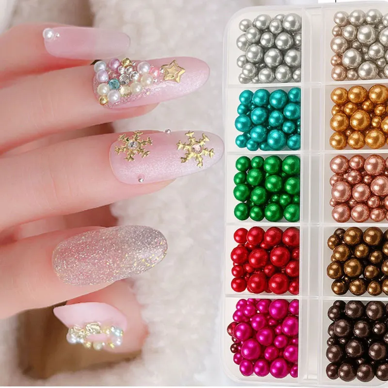 12/6 griglie Natale rosso/verde perla strass per unghie formato misto 3D perline rotonde colorate ciondoli per unghie accessori per manicure fai da te