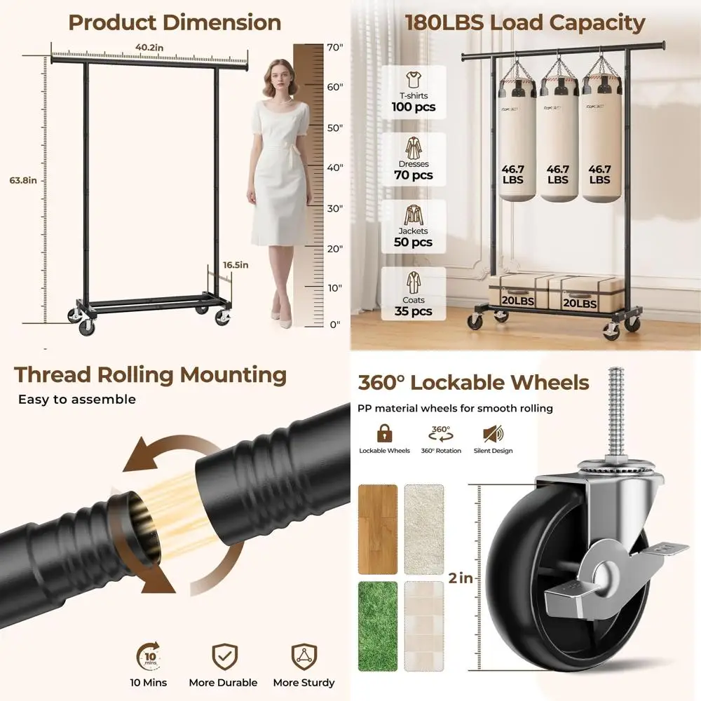 

Portable Metal Clothing Rack, Sturdy Hanging Organizer for Bedroom, Living Room, or Laundry in Black