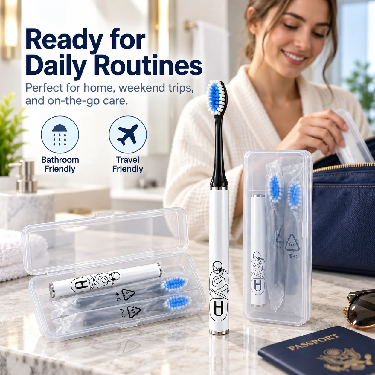 Travel Toothbrush Set with Storage Case, Manual Toothbrush with 2 Replacement Brush Heads, Random Color Heads, Compact & Portable for Travel, Dormitory & Camping