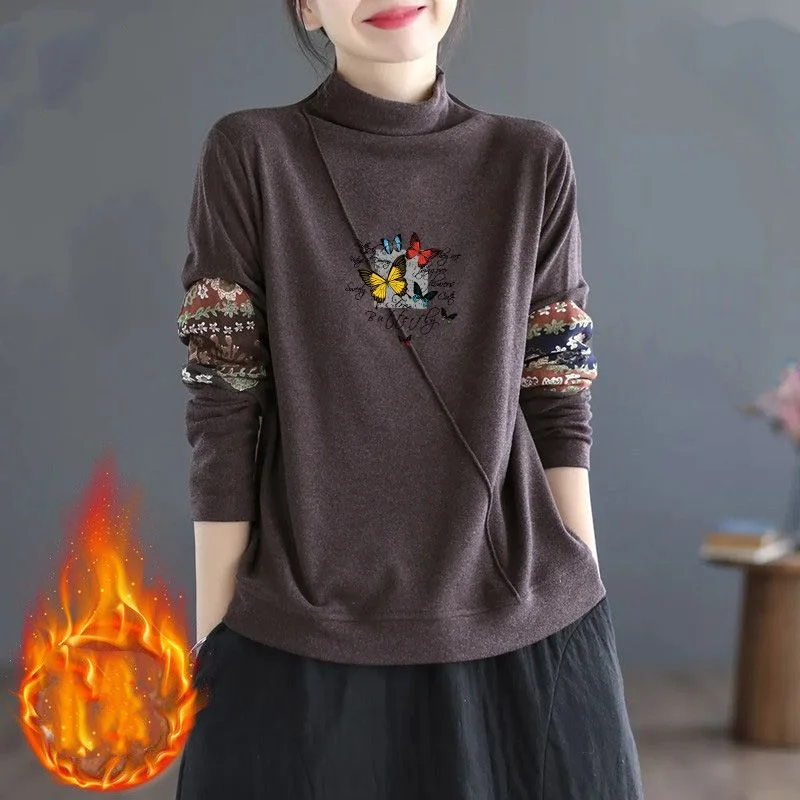 Simplicity Versatile Commuting Women's Clothing 2023 Autumn and Winter New Print Solid Color High Neck Long Sleeved Pullover