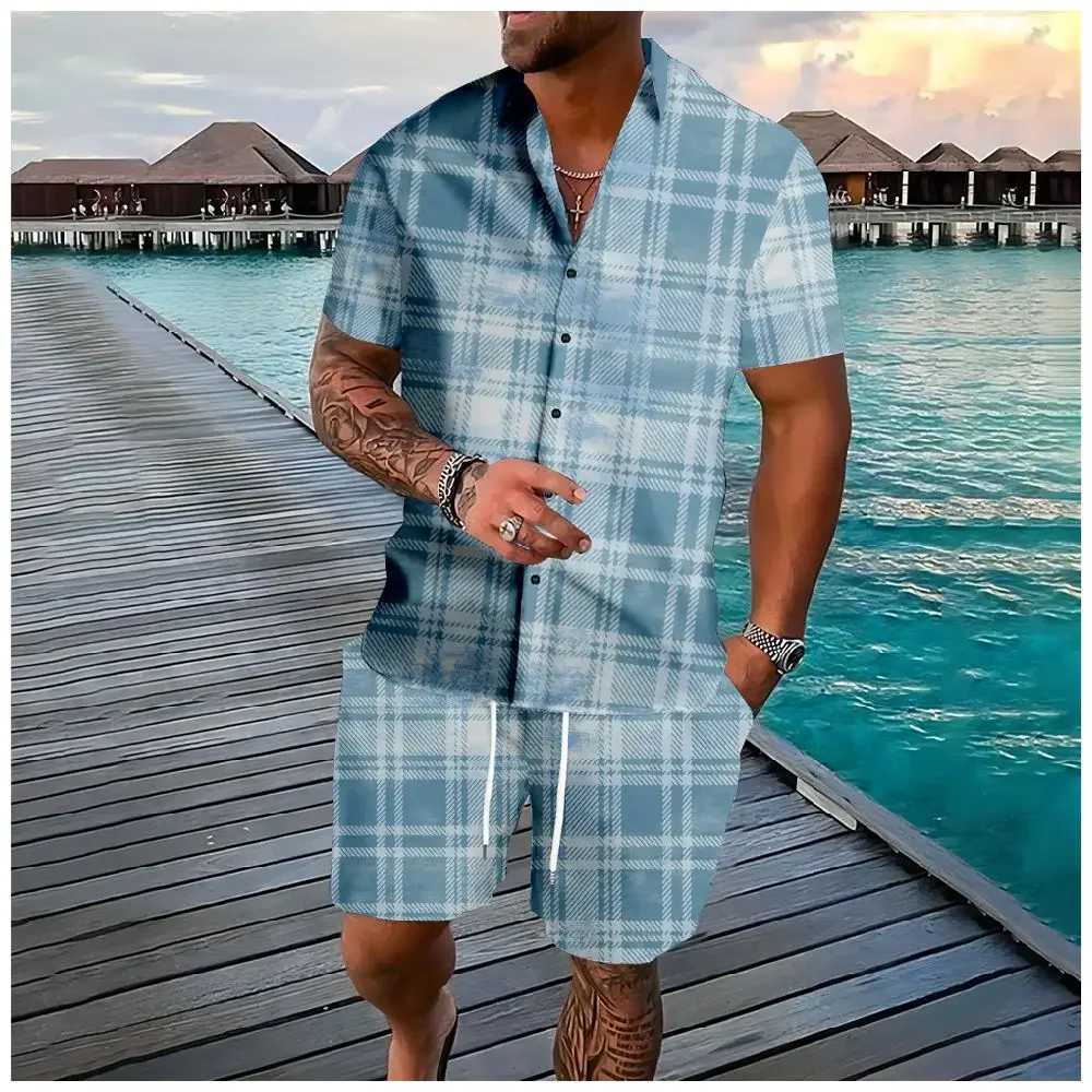 Hawaiian Sets Stripe Plaid Button Shirts Shorts Summer Mix Colors Fashion Beach Hipster Streetwear Tracksuits Mens Clothing