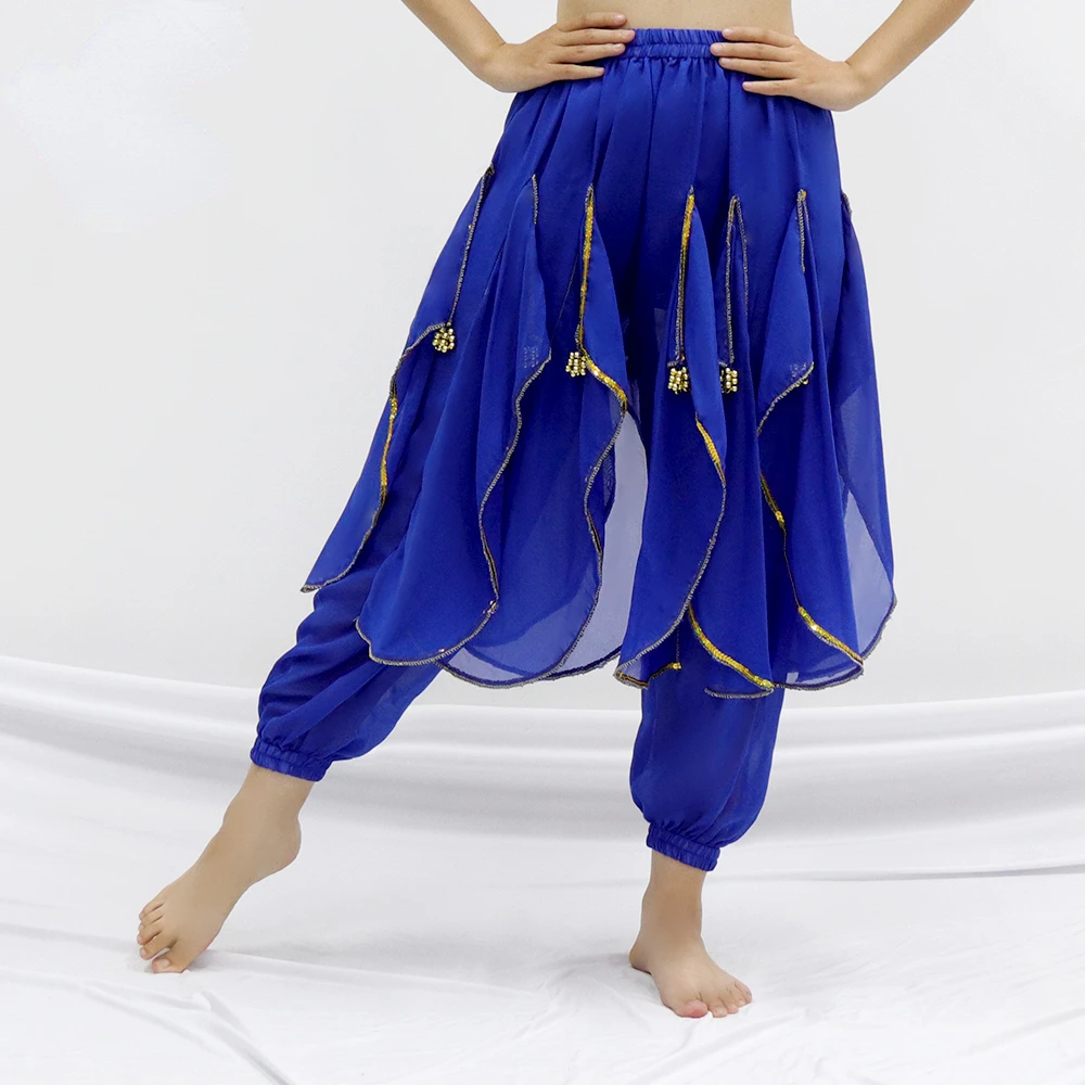 Long Chiffon Belly Dance Harem Pants Tribal Arabic Halloween Pants With Gold Trim Women Dancing Pants