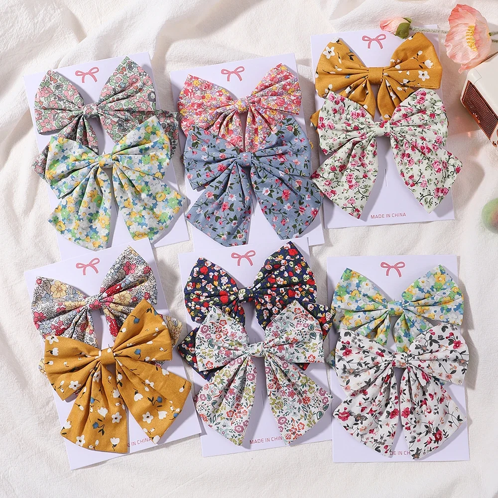 2Pcs/set Women Sweet Print Bows Hair Clips Hairpins Ribbon Barrettes Duckbill Clip Headwear Female Summer Girls Hair Accessories