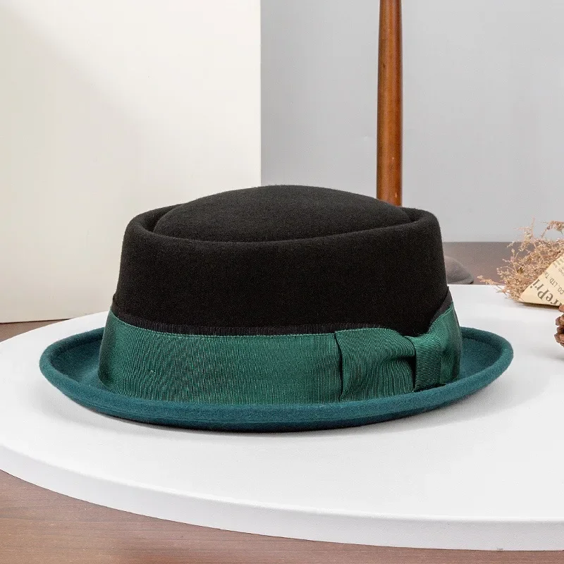 Women's Winter Wool Felt Flat Top Hat Rolled Brim Vintage Bow British Fedora
