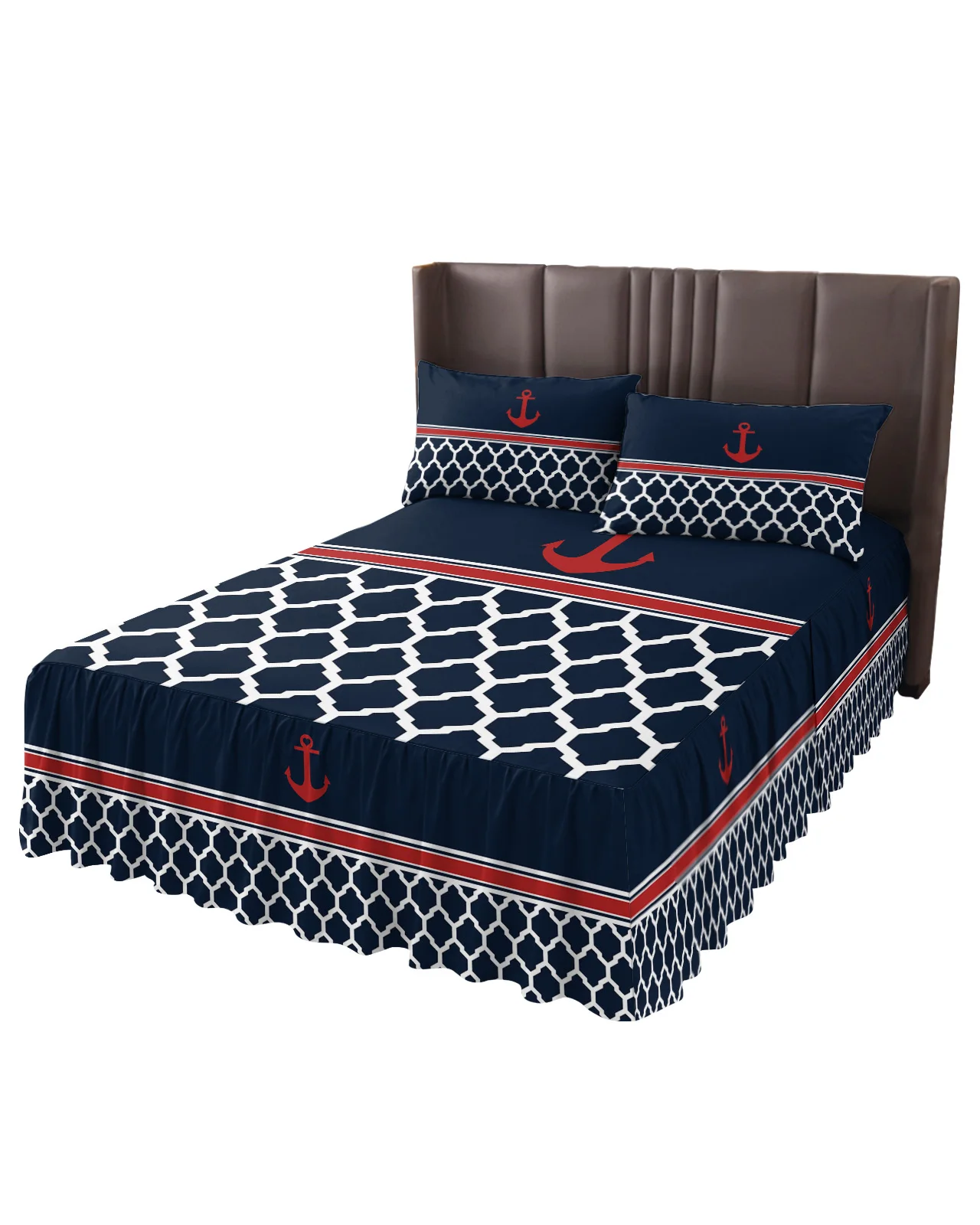 Navy Blue Striped Anchor Bed Skirt Elastic Fitted Bedspread With Pillowcases Bed Protector Mattress Cover Bedding Set Bed Sheet