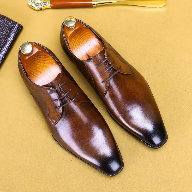 

Luxury Men's oxford Shoes Lace Up Brand Square Head Black Brown Office Wedding Formal Dress Fashion Genuine Leather Basic Shoes