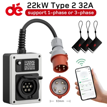 dé 22kW Wallbox Mobilna ładowarka do pojazdów elektrycznych CEE Czerwona wtyczka do gniazda typu 2 32A 3-fazowa ścienna stacja ładująca RFID Control do samochodów elektrycznych