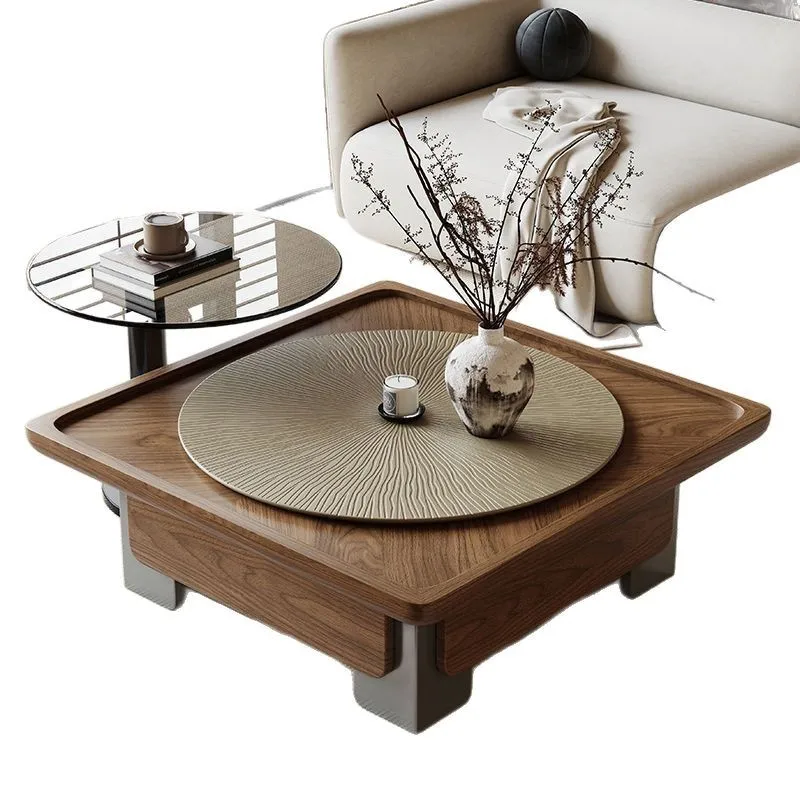 

Italian solid wood round coffee table living room household light luxury small apartment walnut combination