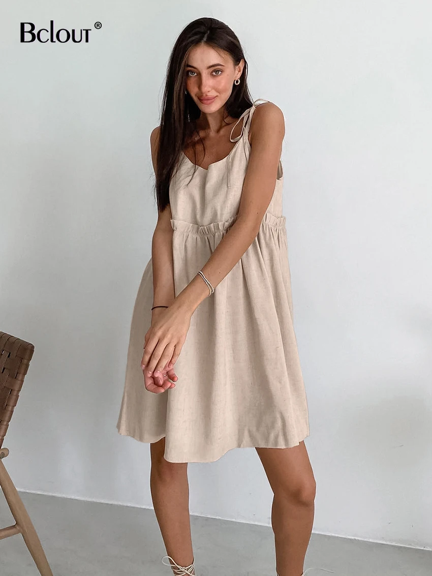 Bclout Summer Khaki Linen Dress Women Elegant Spaghetti Strap A-Line Loose Dresses Fashion Ruched Lace-Up Sexy Mini Dresses 2024