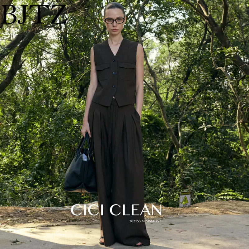 

BJTZ Pure Color All-in-one Woman 2025 Spring/summer New Minimalist Style Vest + Wide-leg Suit Pants Women's Luxury Tops Mark Set