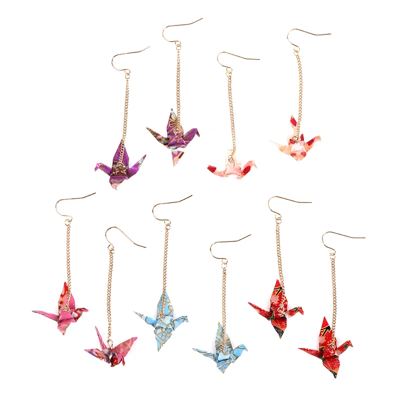 1 Pair Cute Origami Crane Earrings Gold Color Sweet Japanese Long Paragraph Tassel Earrings Fashion Earrings Ear Clips