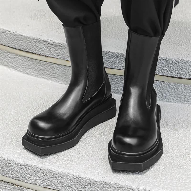 

men fashion high chimney boots square toe original leather shoes stage nightclub long platform boot handsome motorcycle botas