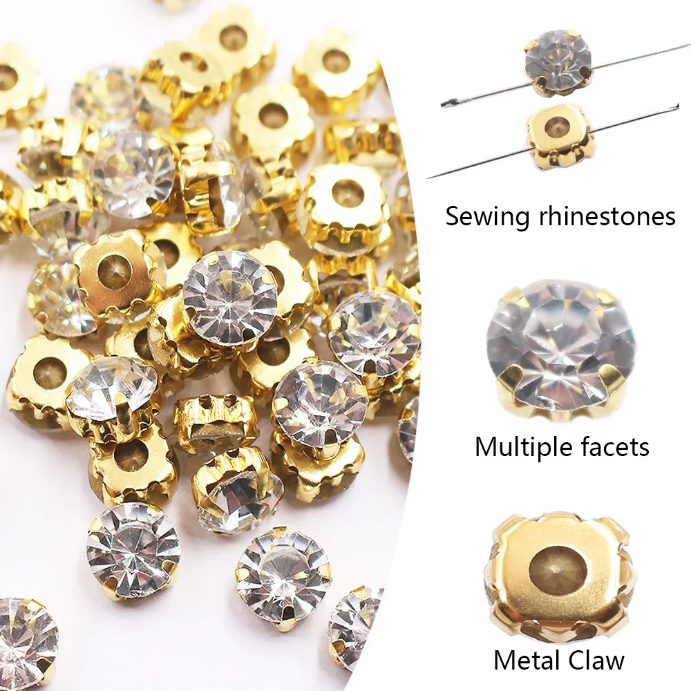 50pcs-500pcs Glass Sew On Rhinestones Gold Claw Shiny Crystal Strass Trim Fabric Stones Beads Sewing Accessories Rhinestones