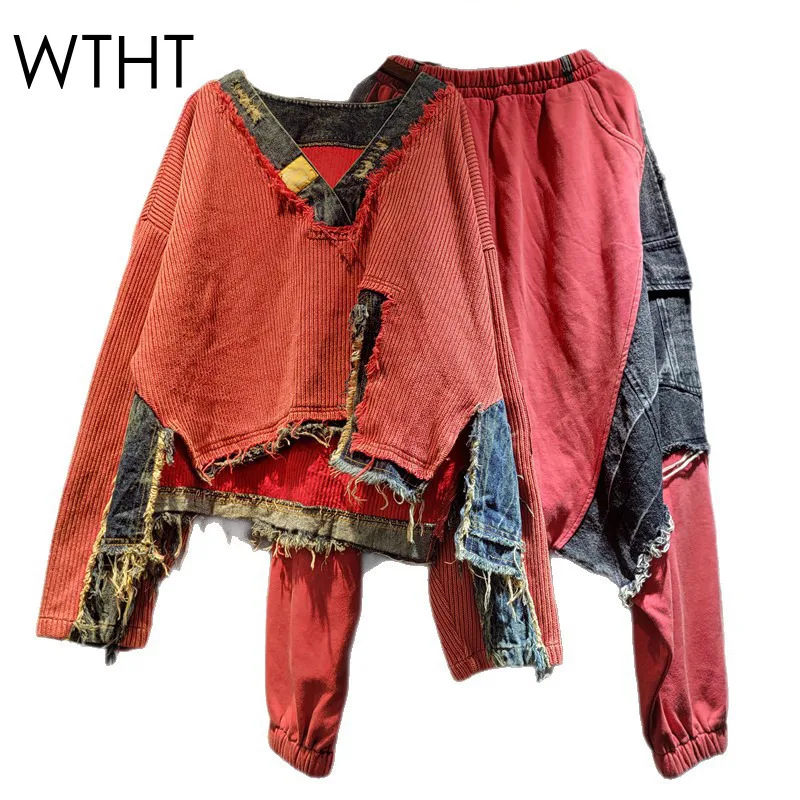 

WTHT новый модный женский свитер с v-образным вырезом и нерегулярными джинсовыми краями, свободные шаровары с эластичной резинкой на талии, женские осень 2023, 1LS2460