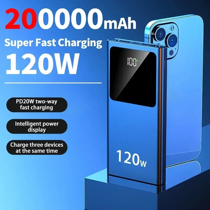 200000mAH Power Bank 120W Super Fast Charging Digital Display Battery High Capacity Power Bank For Iphone 16 15 Samsung Xiaomi