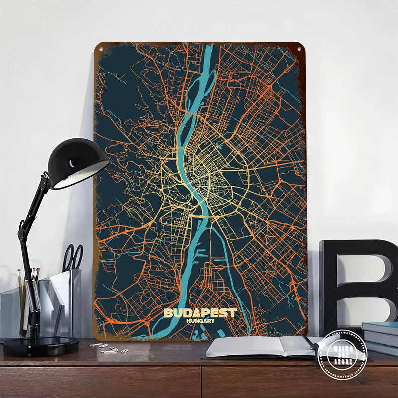 Budapest City Map Tinplate Poster Custom Wall Art Vintage Metal Signs Retro Tin Plaque for Bar Accessories Decoration Aesthetic