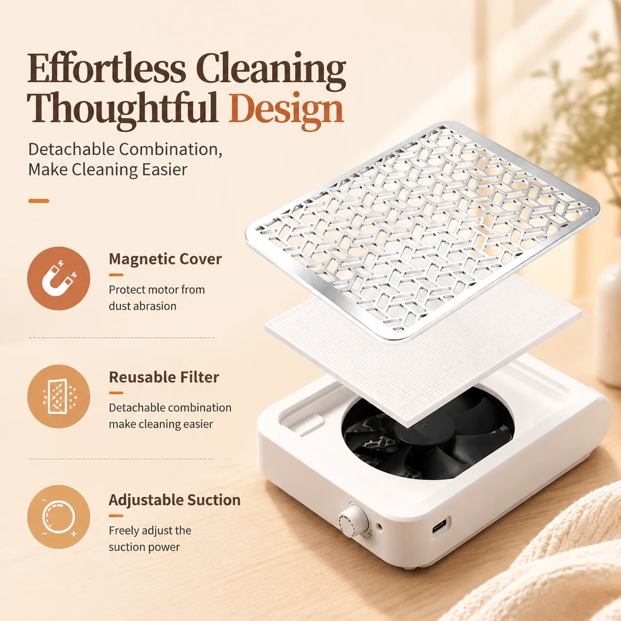 Quiet Nail Dust Extractor with Turbo Brushless Motor - Adjustable Suction, Low Noise Vacuum for Manicure, Pedicure, Salon & Home view 6