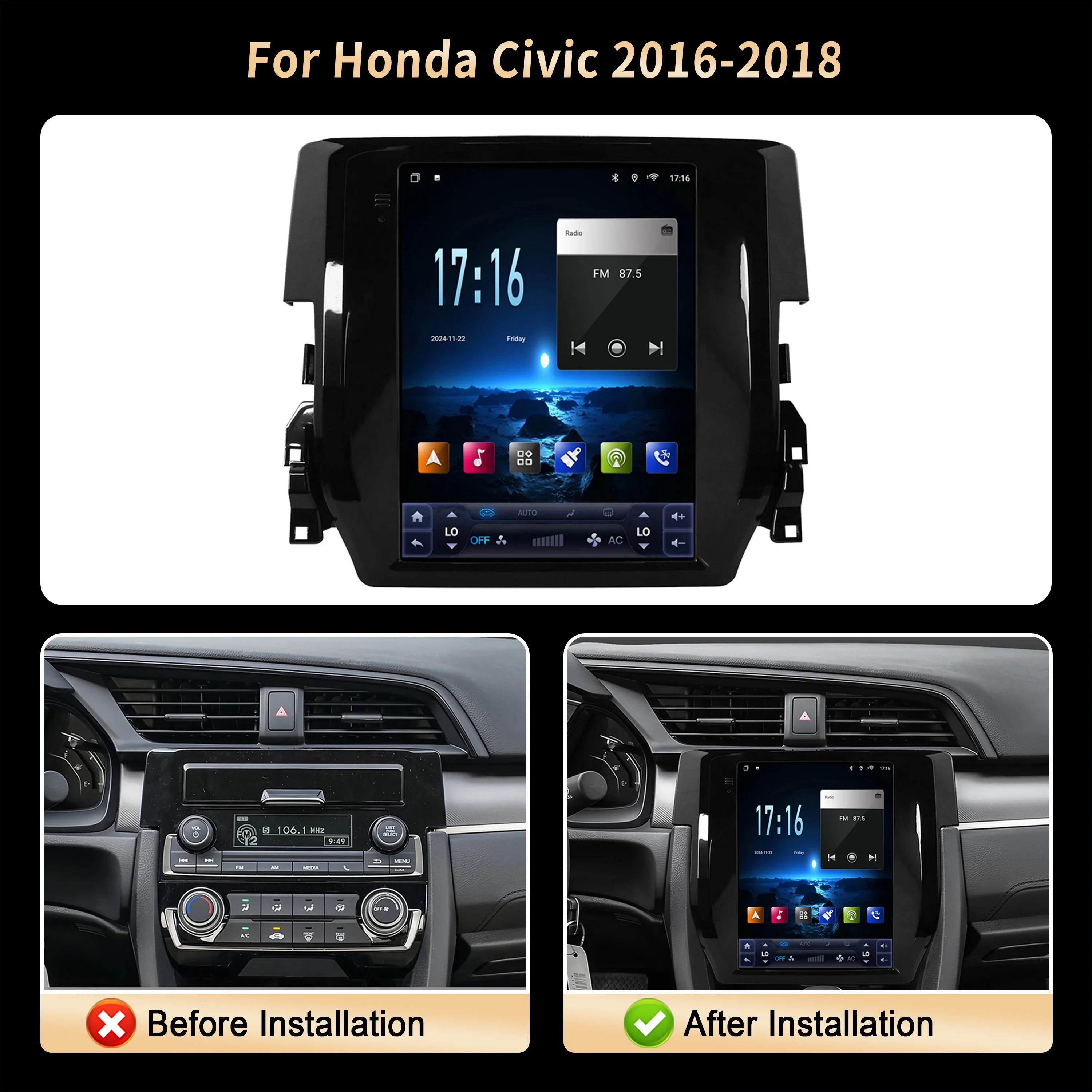 9.7 بوصة لهوندا سيفيك 2016 2017 2018 راديو السيارة الوسائط المتعددة الملاحة لتحديد المواقع اللاسلكية أندرويد BT CarPlay QLED شاشة ستيريو #2