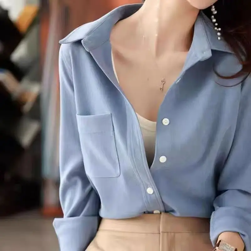

Corduroy Shirts For Women Solid Color All-match Polo-Neck Fashion Single-breasted Autumn Winter Pockets Blouse Female Clothing