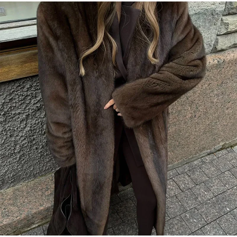 بني داكن فو الفراء معطف طويل للنساء موضة التلبيب واحدة الصدر فضفاض رقيق أفخم معطف دافئ الشتاء رشاقته ملابس خارجية