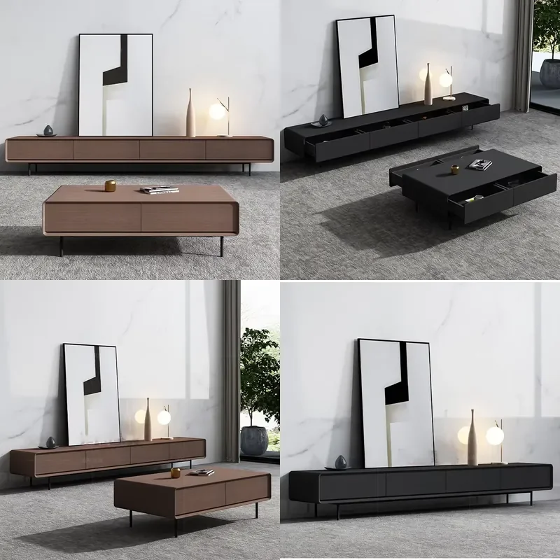 Simple Elegant Suspended Solid Wood TV Cabinet Coffee Table Combination Wood Color Wall Hanging Cabinet Modern Walnut TV