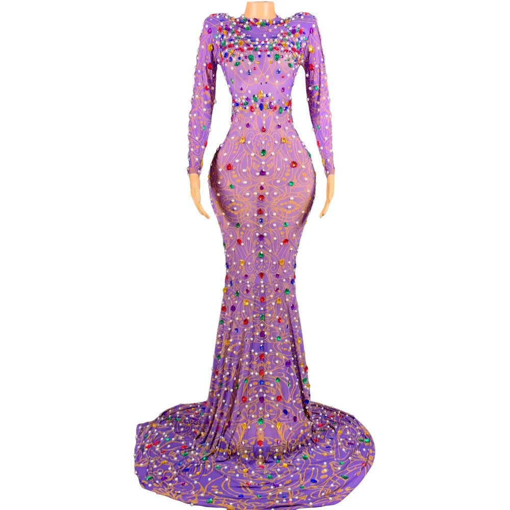 Sparkly Rhinestones Evening Prom Party Birthday Gown Long Dress for Women Sexy Mesh Performance Costume Singer Show Stage Wear