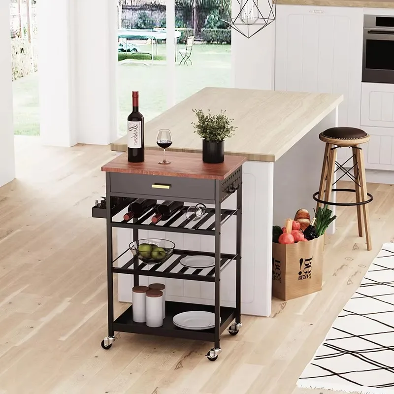 Eco-friendly and Durable Rolling Kitchen Storage Wine Cart Kitchen Island Wood Top Kitchen Food Serving Trolley with Drawers