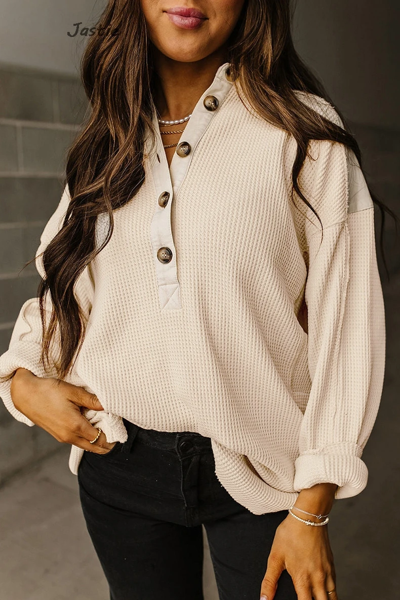 2024 Spring And Autumn New Pullover Round Neck Long Sleeve Tops Women Loose Oversize Waffle Sweater Women Shirts Tops