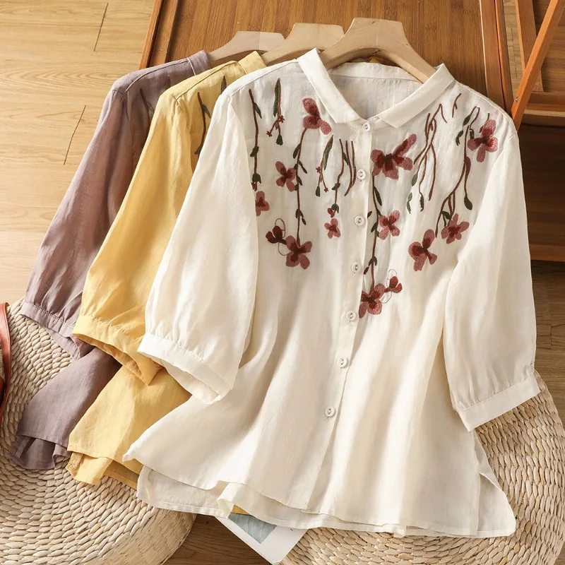 

Chinese Style Women's Blouses Vintage Embroidered Shirts Fashion Loose Summer Clothing Short Sleeves Cotton Linen Women Tops