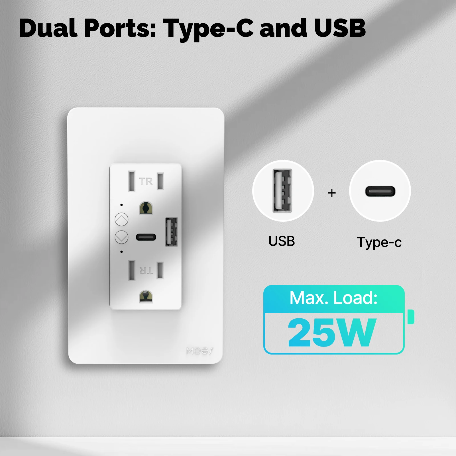 MOES Tuya WiFi Smart Wall Outlet US Electrical Socket USB Type-C Port Plug APP Remote Voice Control Work with Alexa Google Home view 2