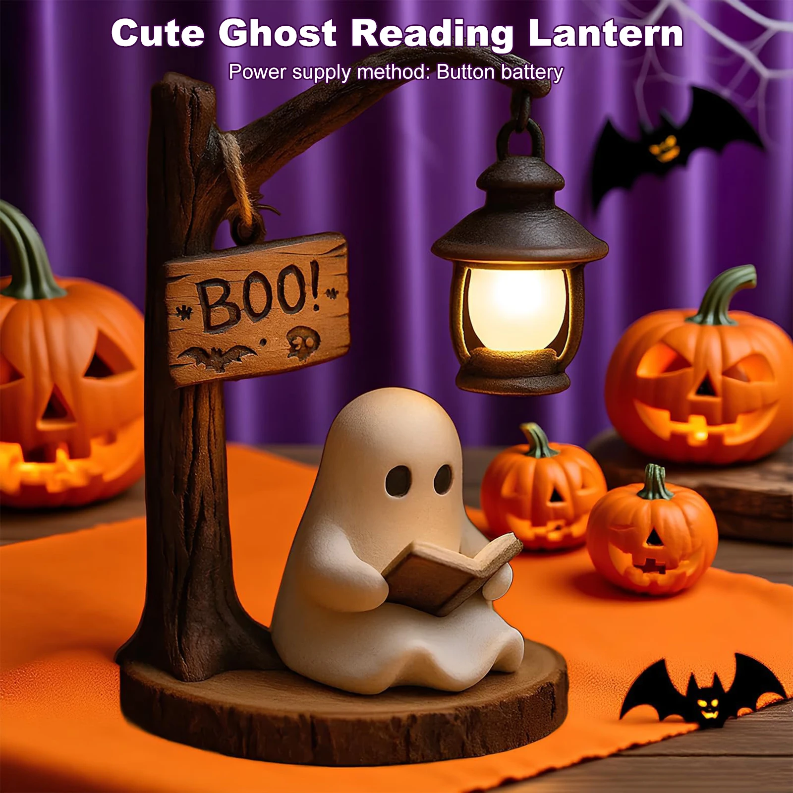 Cute Ghost Reading Lantern Ornament Resin Halloween Ghost Night Light Halloween Ghost Reading Lamp for Home Indoor Decorations