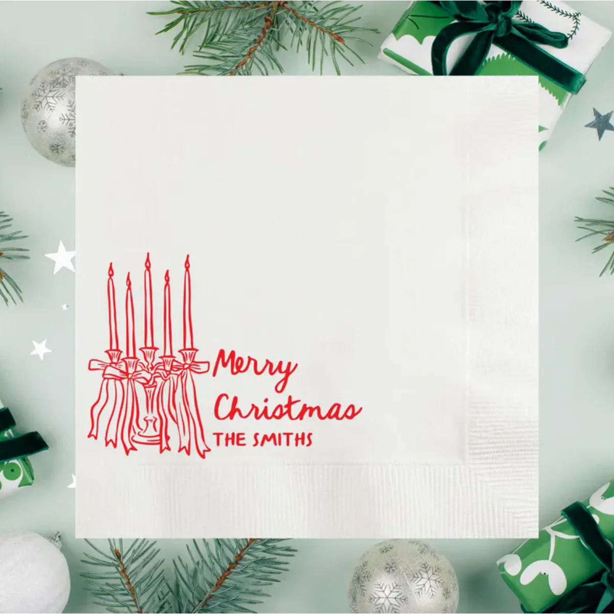 Whimsical Merry Christmas Hand Drawn Bow Candle Light Personalized Cocktail Napkins, Custom Xmas Dinner, Holiday Party Decors, 2