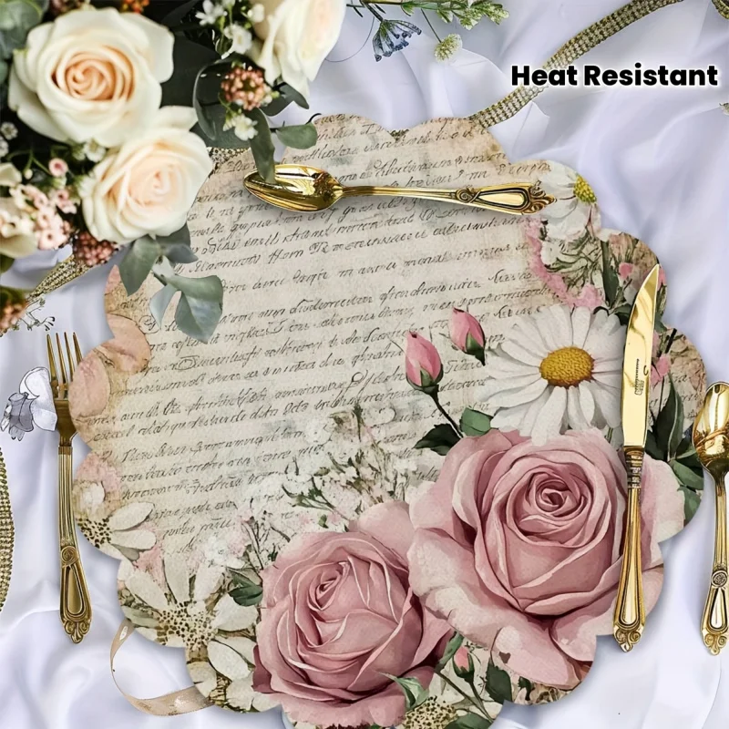 VIKAMA 4-Piece Set Of Round Placemats With Vintage Floral Rose Pattern, Easy-To-Clean Table Mats, Perfect For The Kitchen