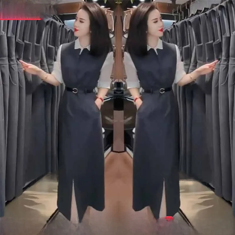 

Модный комплект из двух предметов с эффектом похудения: женская блузка с круглым вырезом и юбка для офиса, осень 2024, новинка