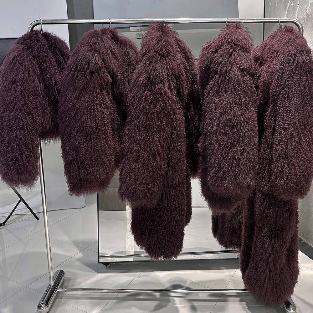 YOLOAgain Plus Size Dark Brown Mongolia Sheep Fur Jacket Women Real Fur Jacket Female Winter Warm Outerwear