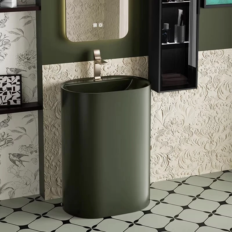 

French Retro Green Ceramic Column Basin Small Apartment Bathroom Washbasin Villa Balcony