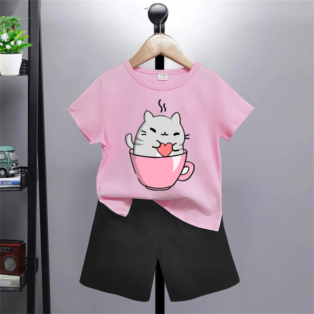 Children's short sleeve fashion T-shirt Printed Boy/Girl T-shirt Children's comic style cute top pants 2 piece set