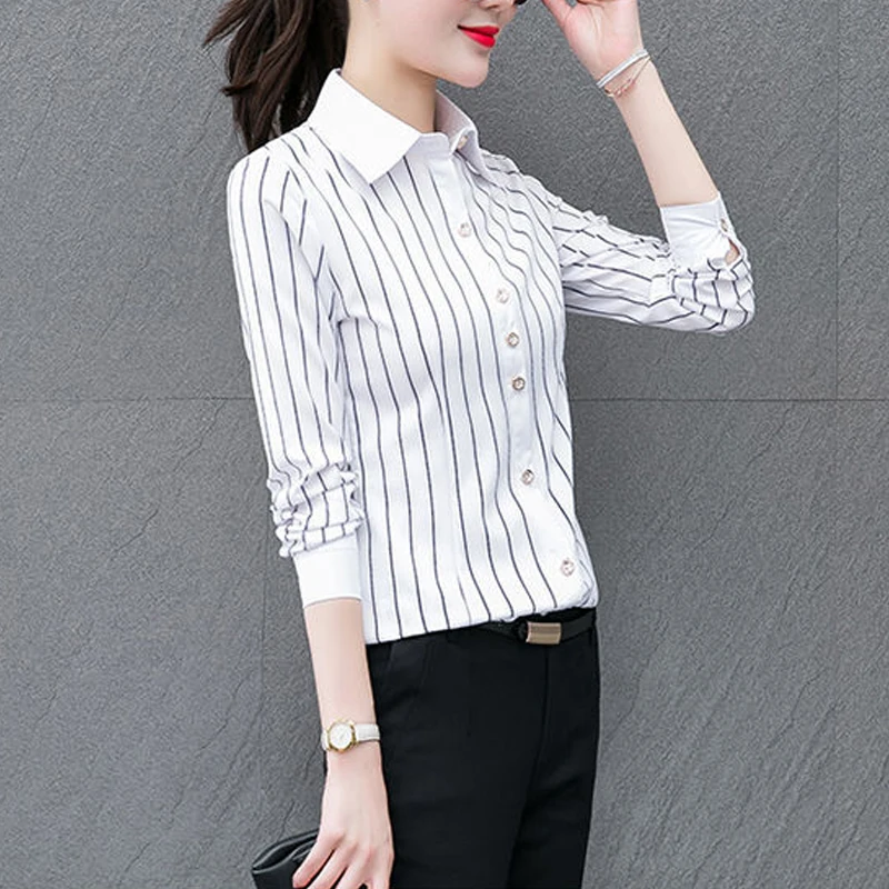 Vintage Striped Printed Business Casual Office Lady Button Up Shirt Spring Summer New Fashion Lapel Slim Blouse Top Women Blusas