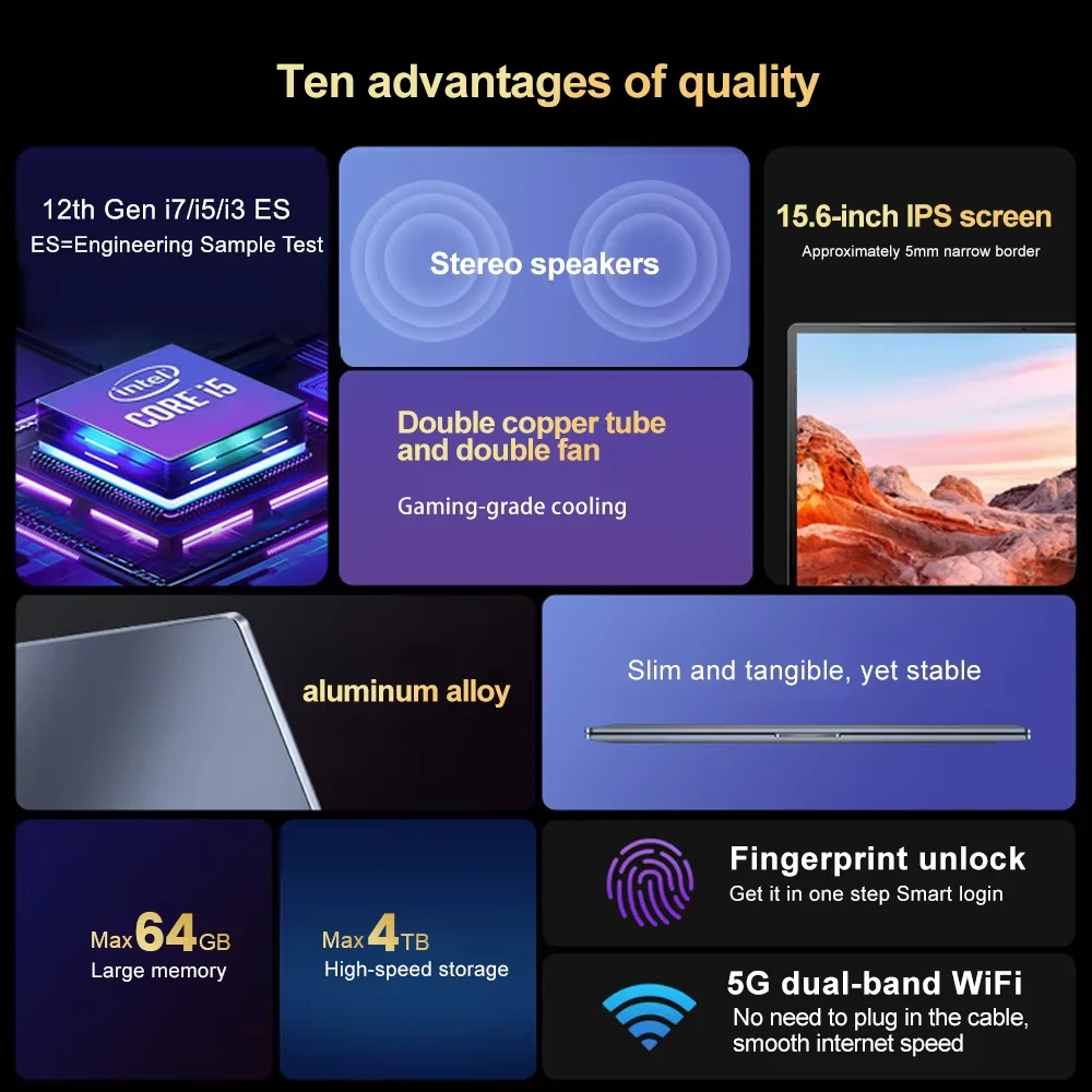 Topton Cheap 15.6 Inch office Laptop 12th Gen Intel Core i7 i5 i3 ES 0000 Fingerprint Backlit Gaming Notebook Windows 11 WiFi6 view 3