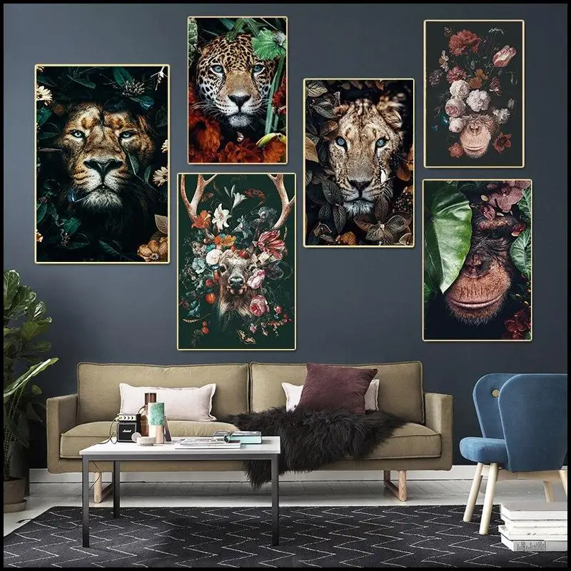 Animal in Flowers Canvas Wall Art  Lion Tiger Elephant Elk Orangutan Poster  Modern Classical Decorative Painting  Home Decor