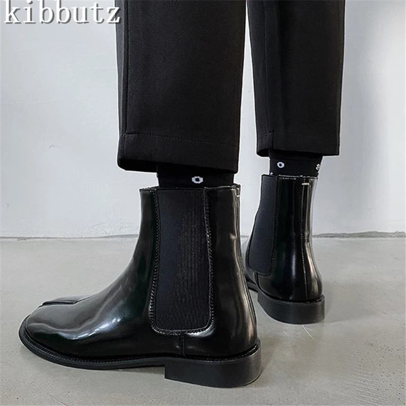 Botas masculinas de couro PU preto dividir toe, dedo do pé redondo, deslizamento em botas de Chelsea, sapatos retrô casuais masculinos Derby, novíssimo