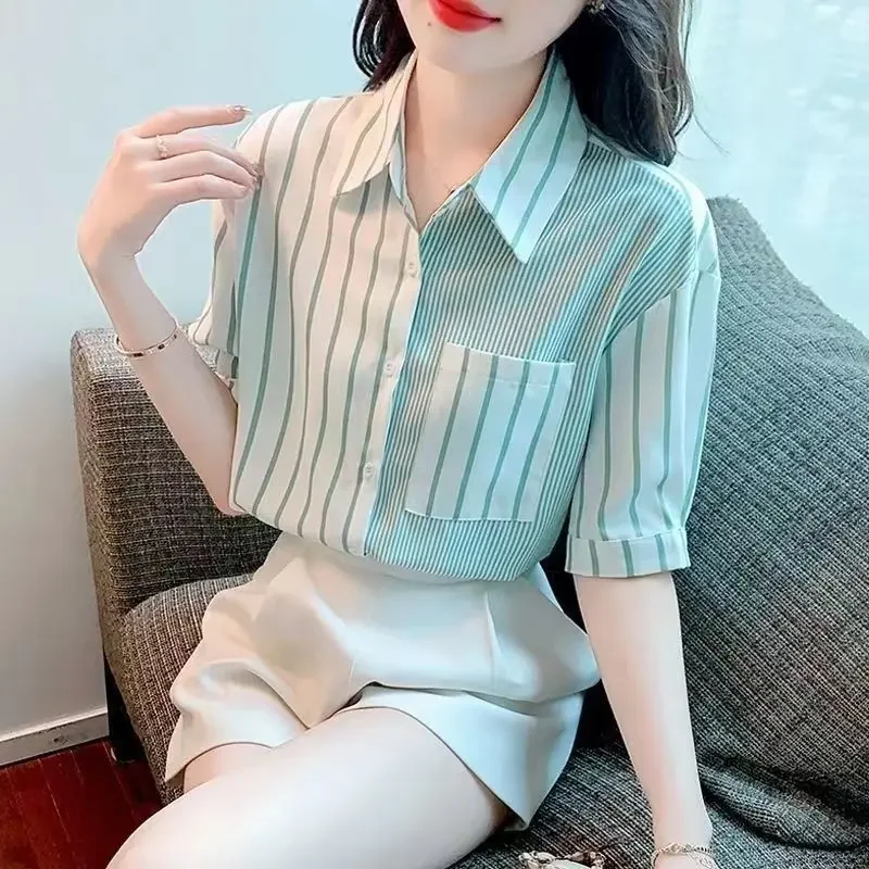 Women's Shirt And Blouse V Neck Half Sleeve Female Tops Striped Streetwear Economic With Premium Fine Elegant Tall Xxl Xl