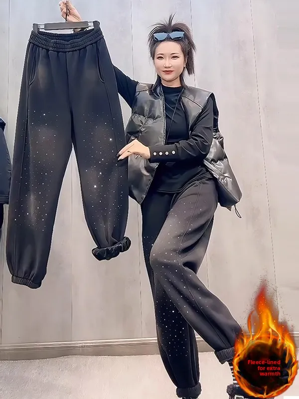 

Женские брюки Harlan с тяжелыми стразами, на флисовой подкладке, повседневные, весна-осень, новинка, большие размеры, свободные, с манжетами, в рубчик