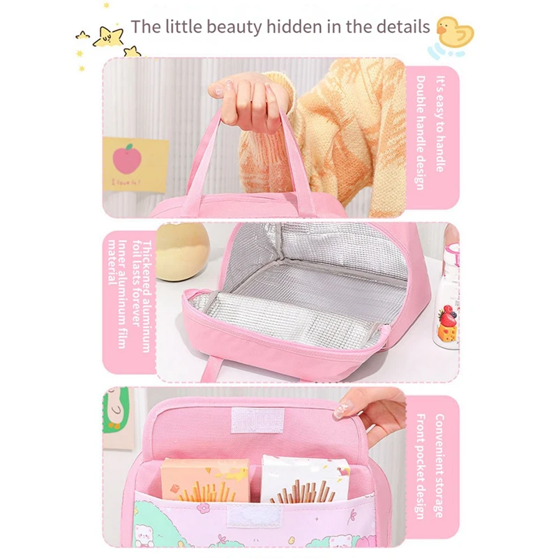 Kawaii Portable Lunch Bag Pink Insulated Lunch Container For Women Adult Work Outdoor Camping Durable