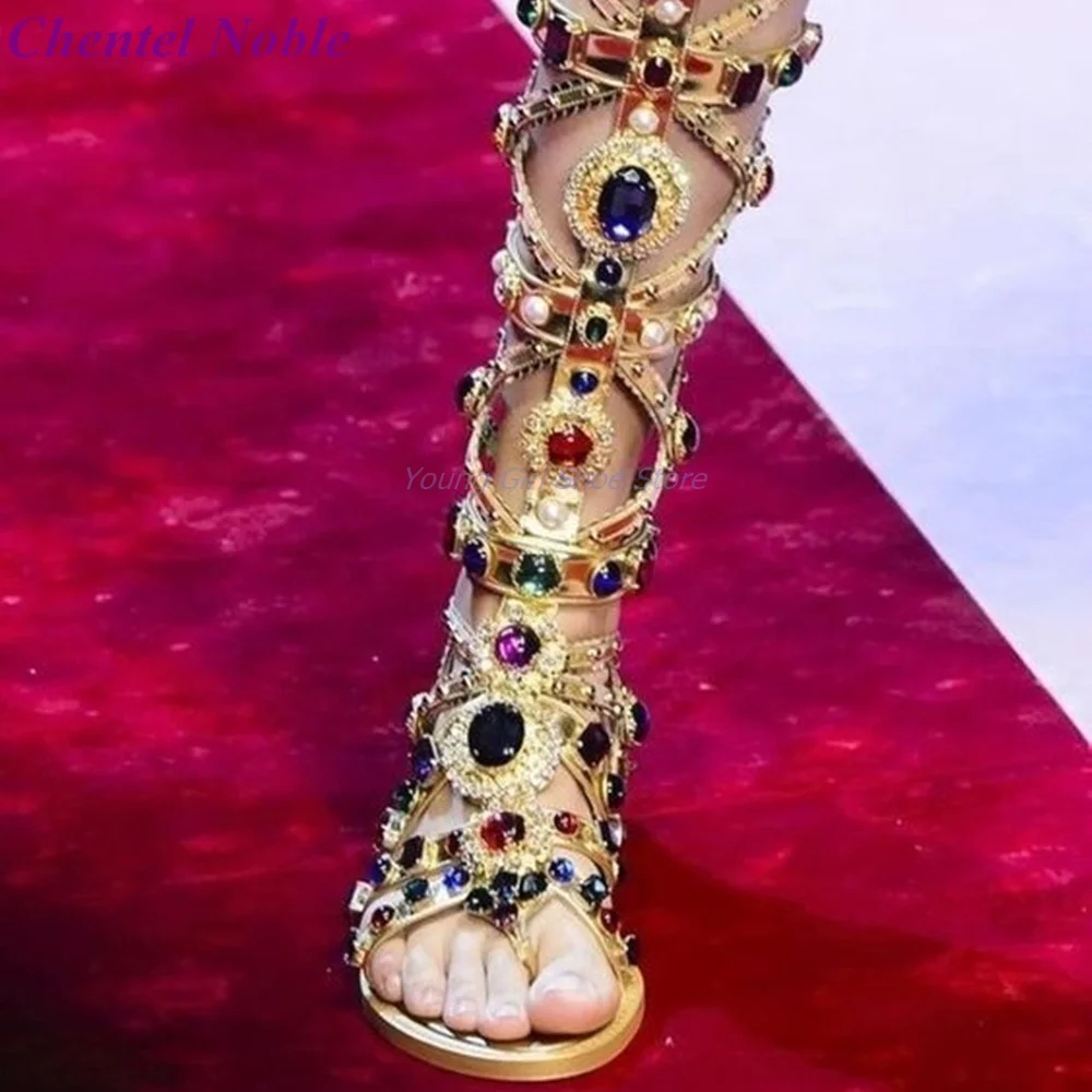 Colorful Crystal Gladiator Sandals Round Toe Open Flat Shoes Newest Summer Sexy Gold Women Shoes Party Catwalk Shoes