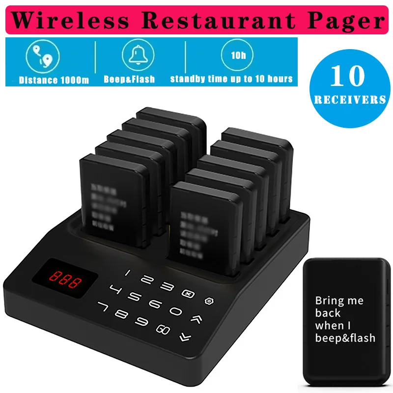 Restaurant Buzzer Pager Wireless Paging Guest Calling System + 10pc Receiver for Cafe Dessert Shop Church Truck Court,Beep+Flash