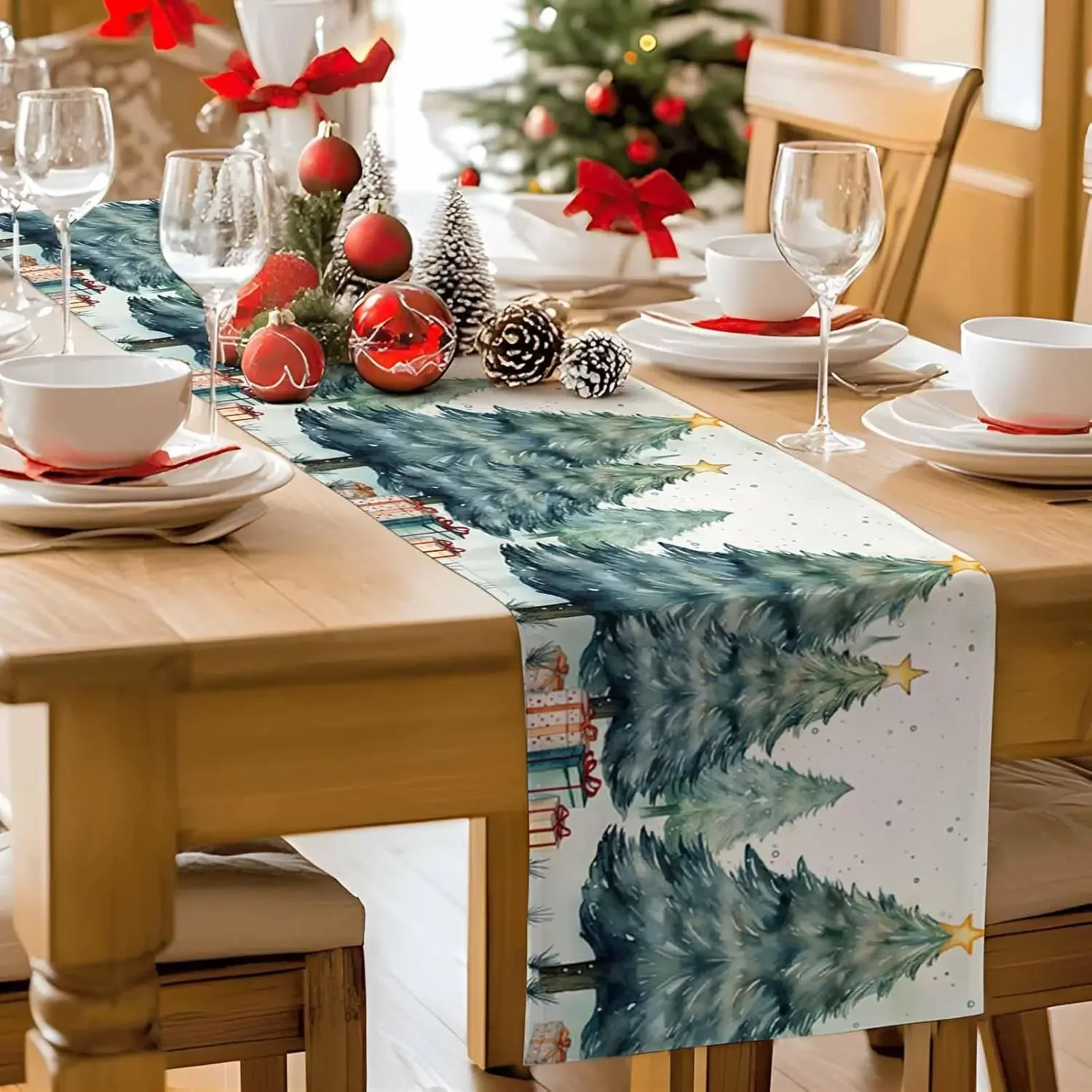 2026 Merry Christmas Xmas Tree Linen Table Runner Party Decor Reusable Winter Xmas Kitchen Dining Table Runner Christmas Decor