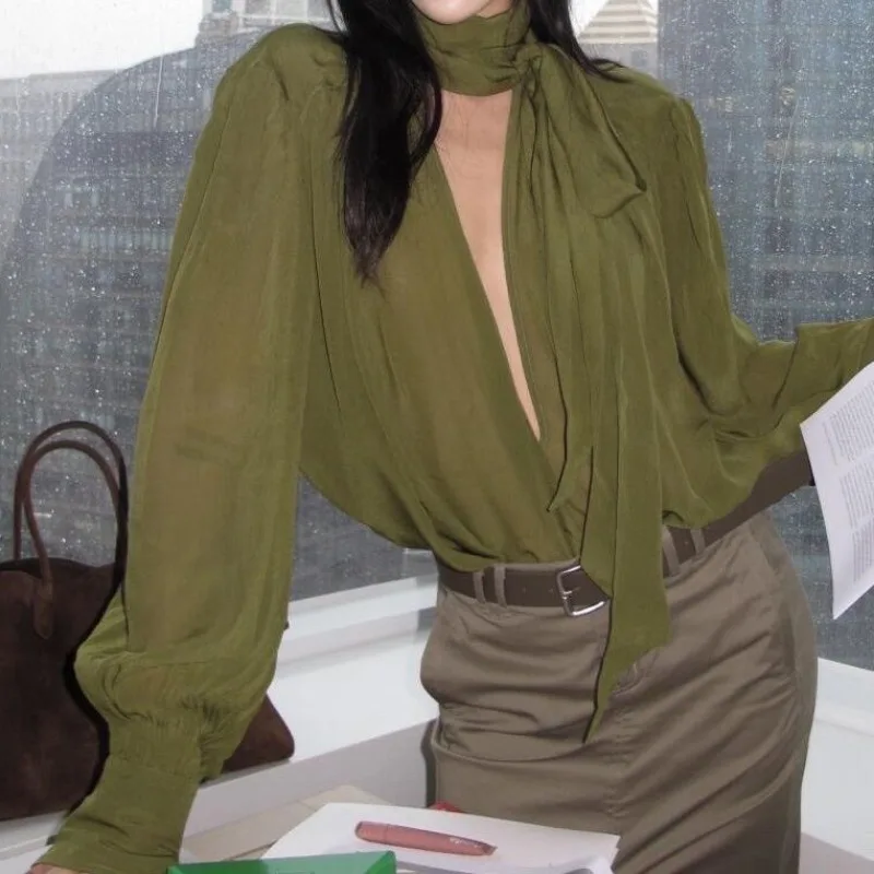 

Женская зеленая блузка из шифона с завязками на шее, длинными рукавами, свободного кроя, элегантный повседневный топ