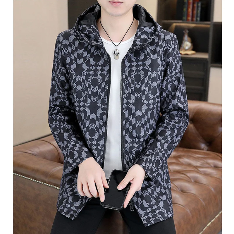 Autumn Winter Loose Casual Vintage Printing Coat Male Fashion All-match Zipper Hooded Jacket Homme Outwear Top Men's Clothing