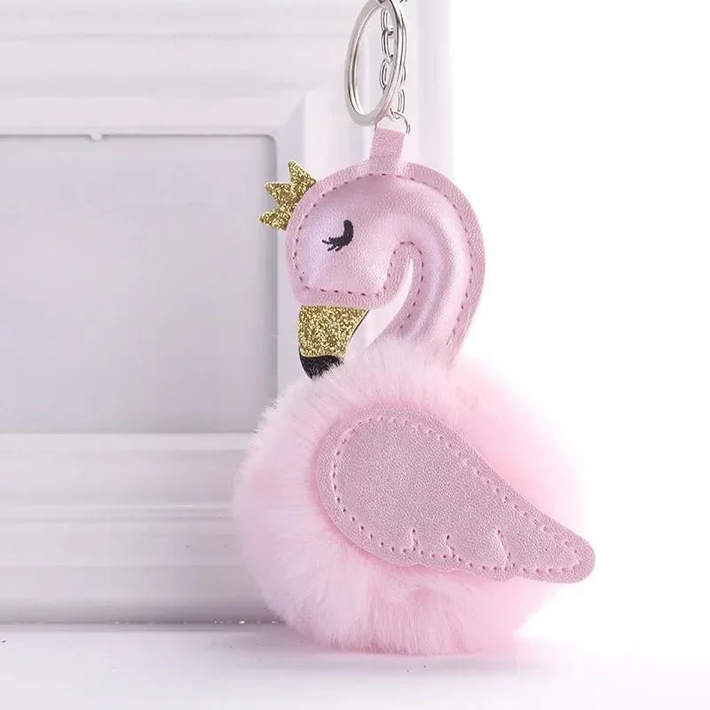 Cute Pink Flamingo Pompom Keychain Women Rabbit Fur Swan Car Key Ring Holder Bag Charm Pendant Best Friend Accessories Gift S106